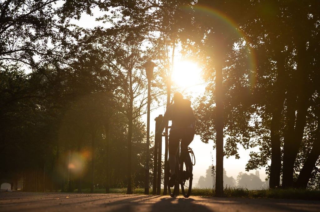 Ein Radfahrer zeichnet sich im Gegenlicht der aufgehenden Sonne als Silhouette ab.