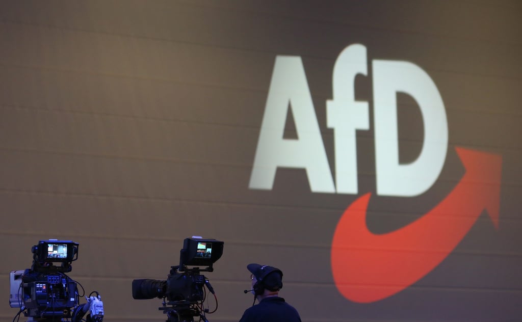 Kameras stehen vor dem Logo der AfD.