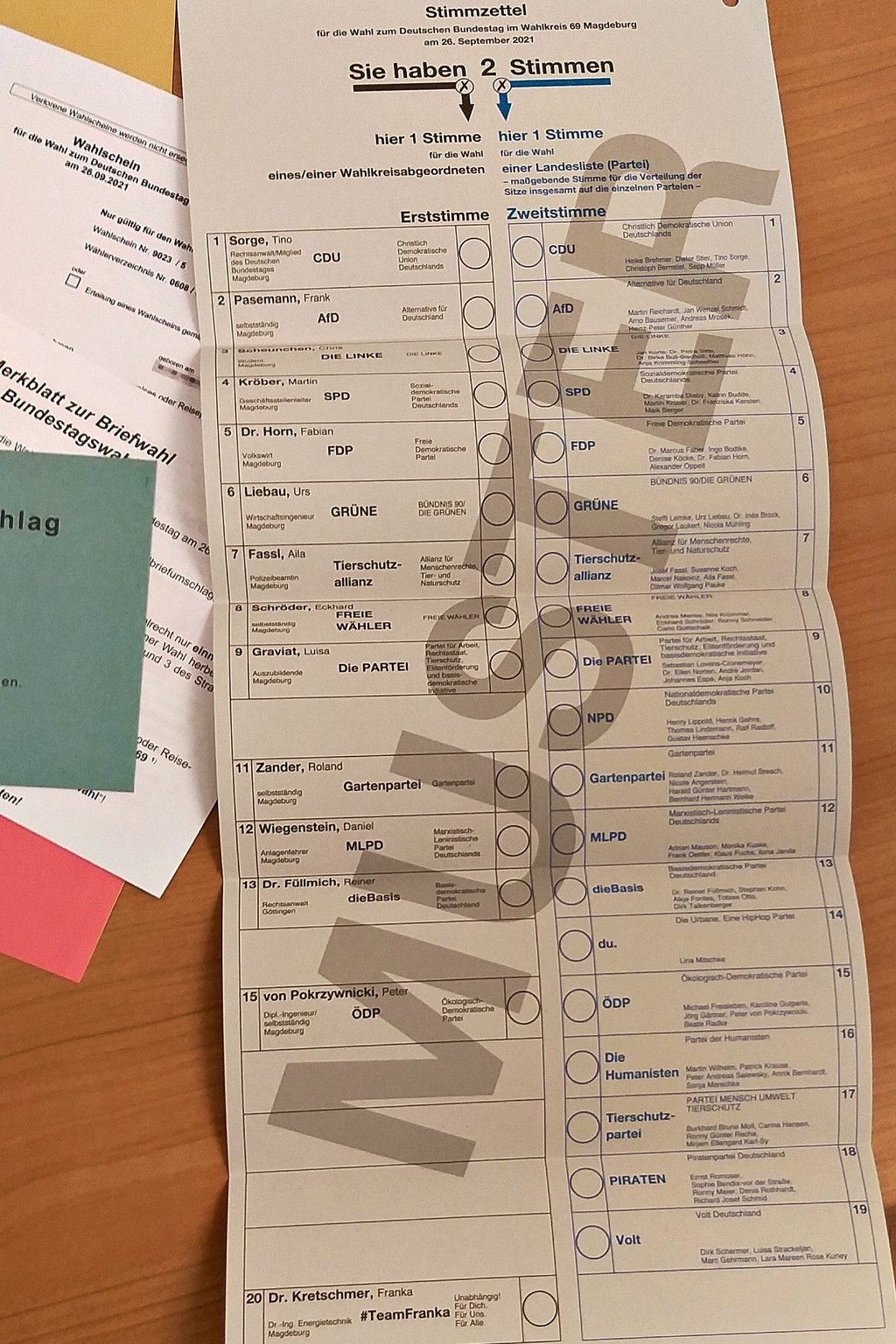 So sieht der Stimmzettel aus, mit dem sowohl Brief- als auch Wahllokalwähler im Wahlkreis 69 Magdeburg/Schönebeck ihre Stimmen zur Bundestagswahl 2021 abgeben.