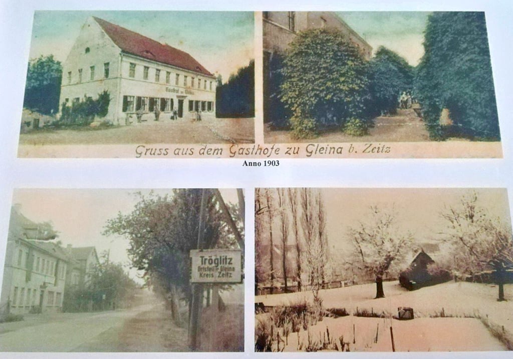 Diese alten Postkarten hängen im Dorfgemeinschaftshaus in Gleina. Wer will, kann sie sich zum Jubiläum anschauen.