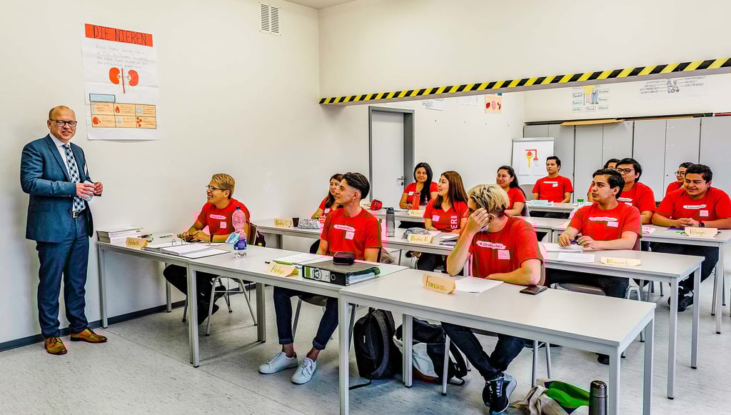 Arbeitsagenturchef Torsten Narr im Gespräch mit den Pflege-Schülern aus El Salvador, die in Wittenberg ausgebildet werden