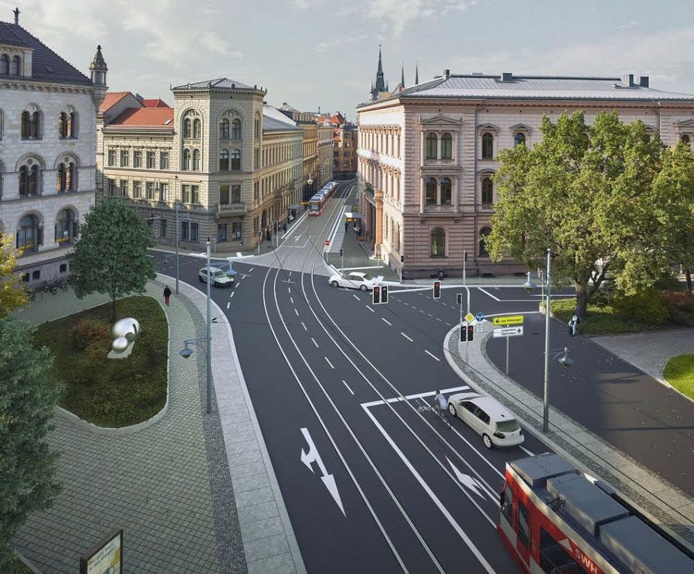 Die Darstellung zeigt die neue Verkehrsführung auf dem Joliot-Curie-Platz vor der Post.