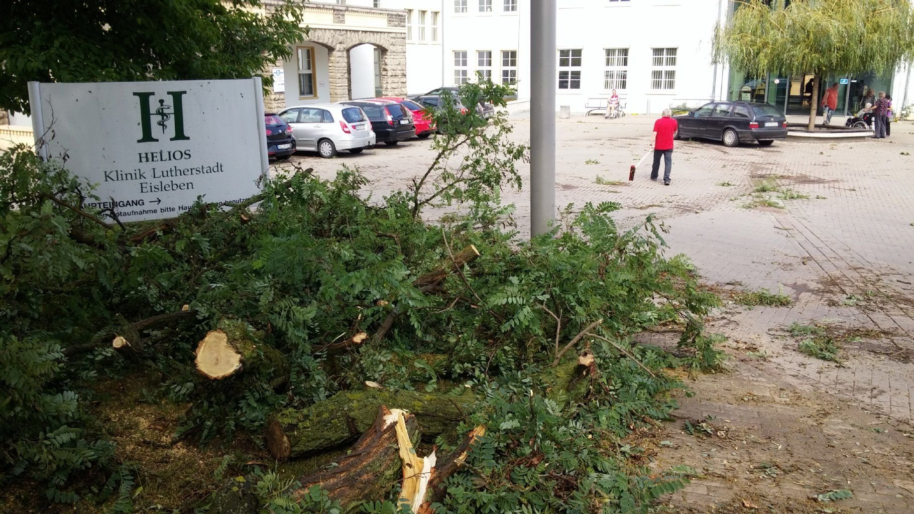 Bereits am Samstag war durch ein Unwetter in der Heliosklinik in Eisleben ein Baum umgestürzt.