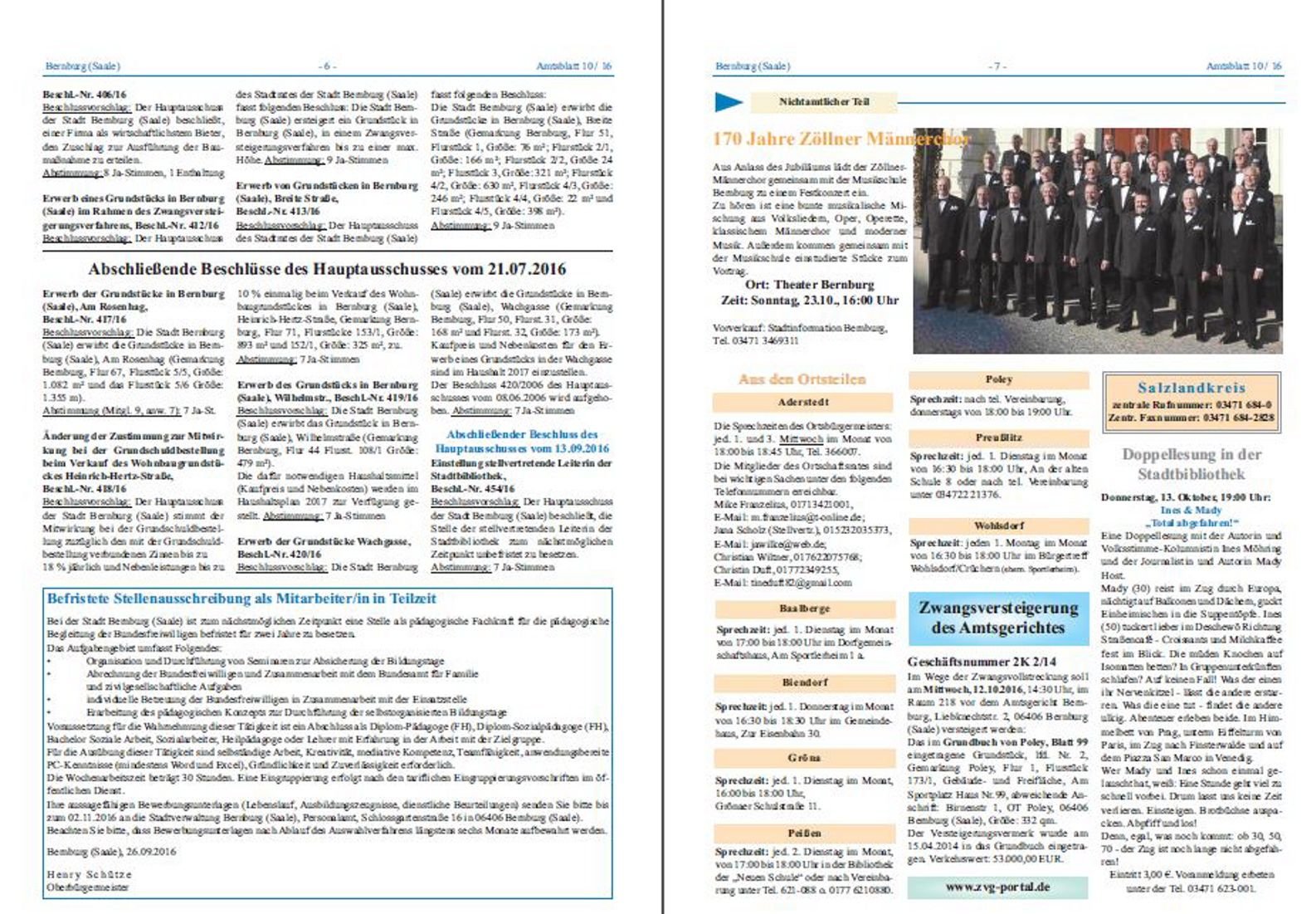 In der Oktober-Ausgabe des Bernburger Amtsblatts endete der amtliche Teil auf Seite 6 (l.), ihm folgt der nichtamtliche Teil (r.) mit Nachrichten über Freizeit und Kultur.