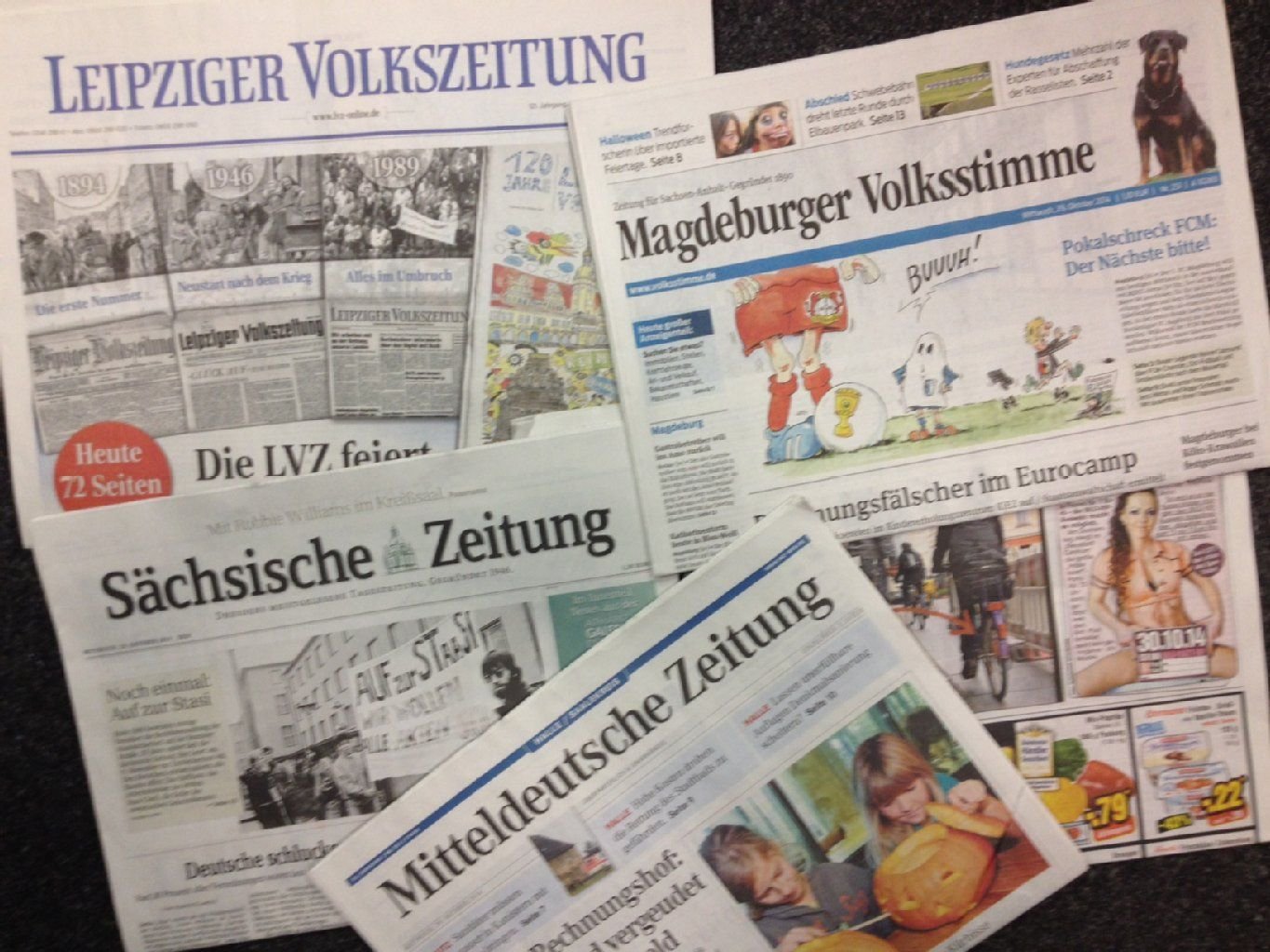 Sächsische Zeitung, Leipziger Volkszeitung, Magdeburger Volksstimme, Bild-Zeitung Halle und Mitteldeutsche Zeitung vom 29. Oktober 2014