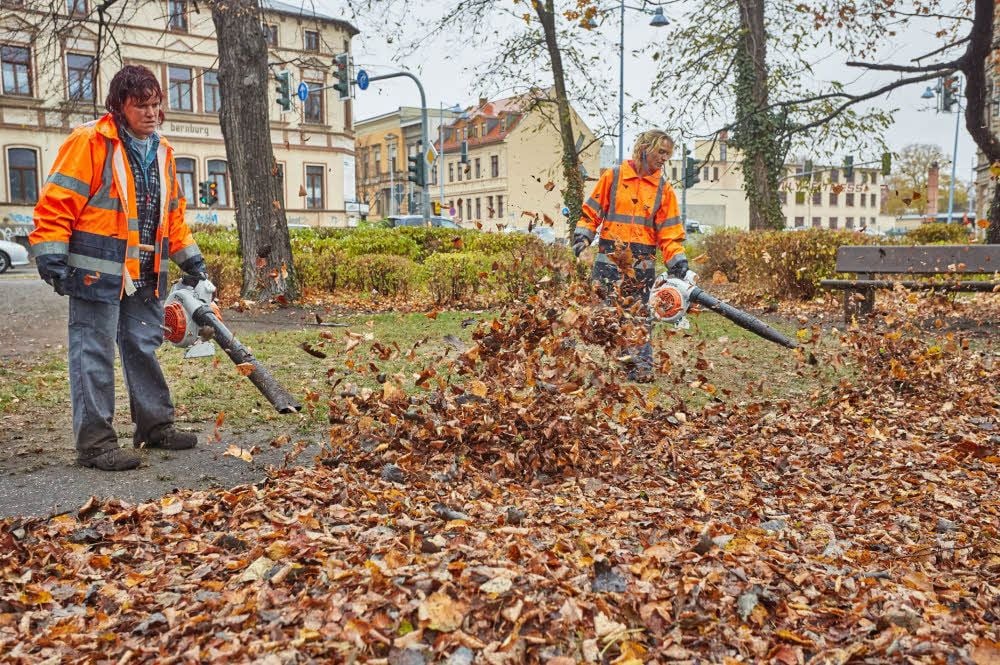 Kerstin Görnert (links) und Claudia Baier vom Betriebshof blasen im Park an der Annenkreuzung das Laub zu Haufen zusammen.