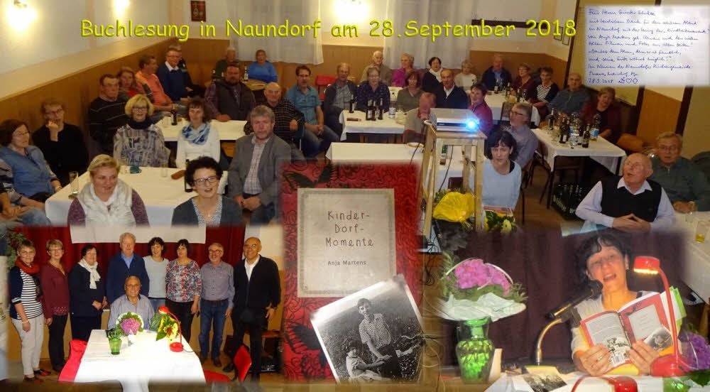 Diese Fotocollage von der Buchvorstellung „Kinder-Dorf-Momente“ mit Anja Martens in Naundorf hat ihr Vater zusammengestellt.