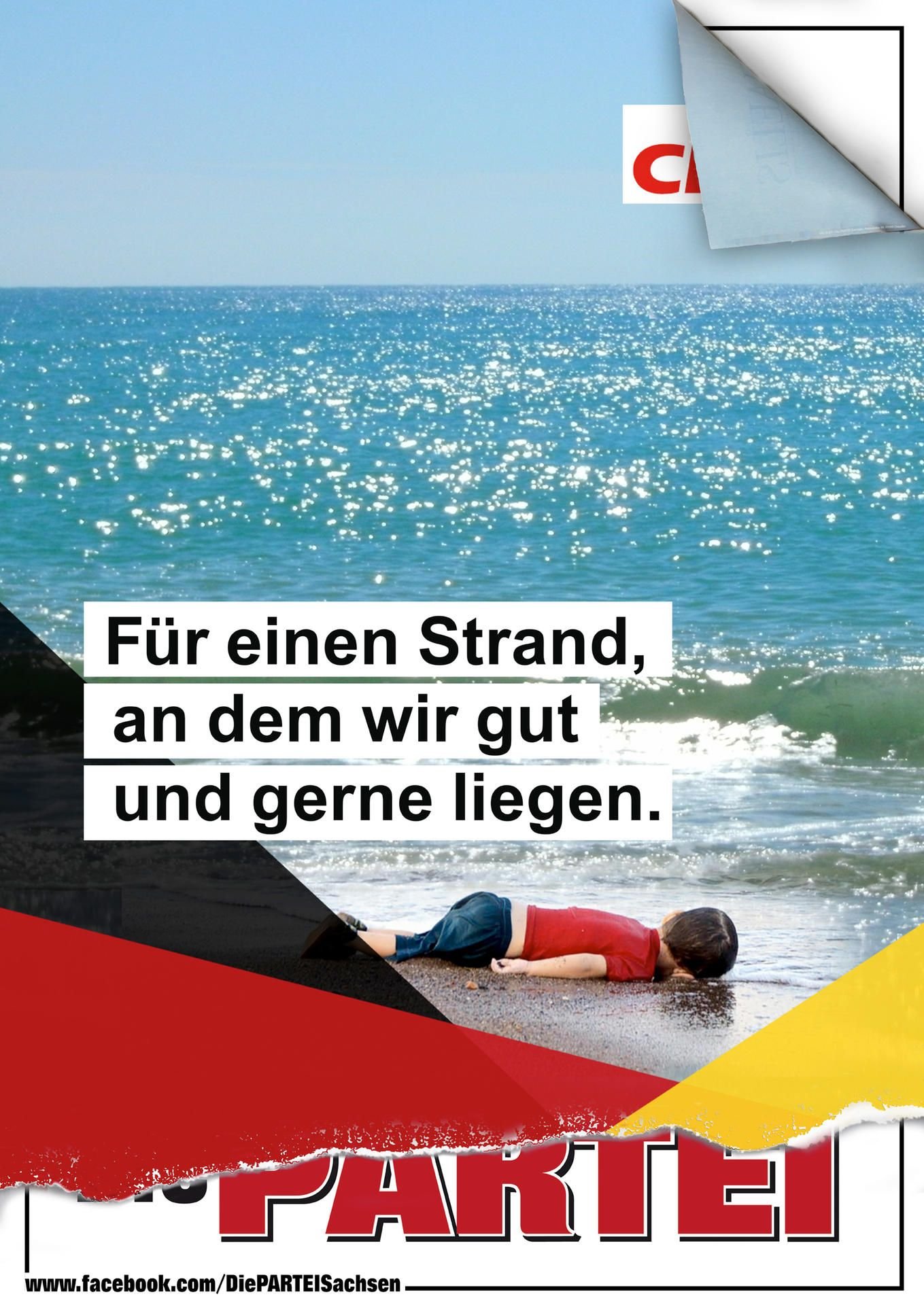 Bittere Satire der Partei Die Partei: Ein verballhornter Wahlslogan der CDU und das Foto des toten Aylan Kurdi.