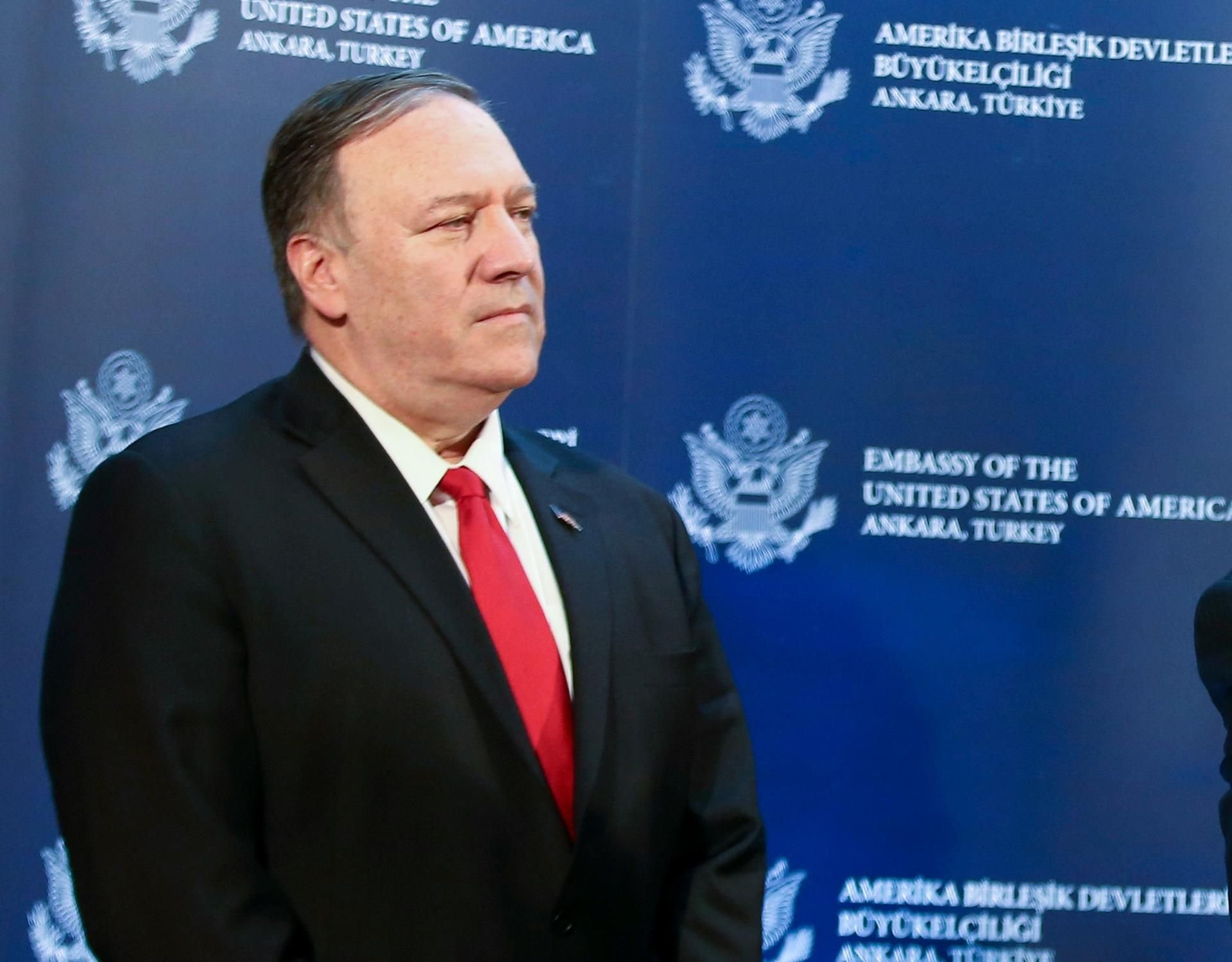 Mike Pompeo, Außenminister der USA, bei einer Pressekonferenz mit Journalisten.