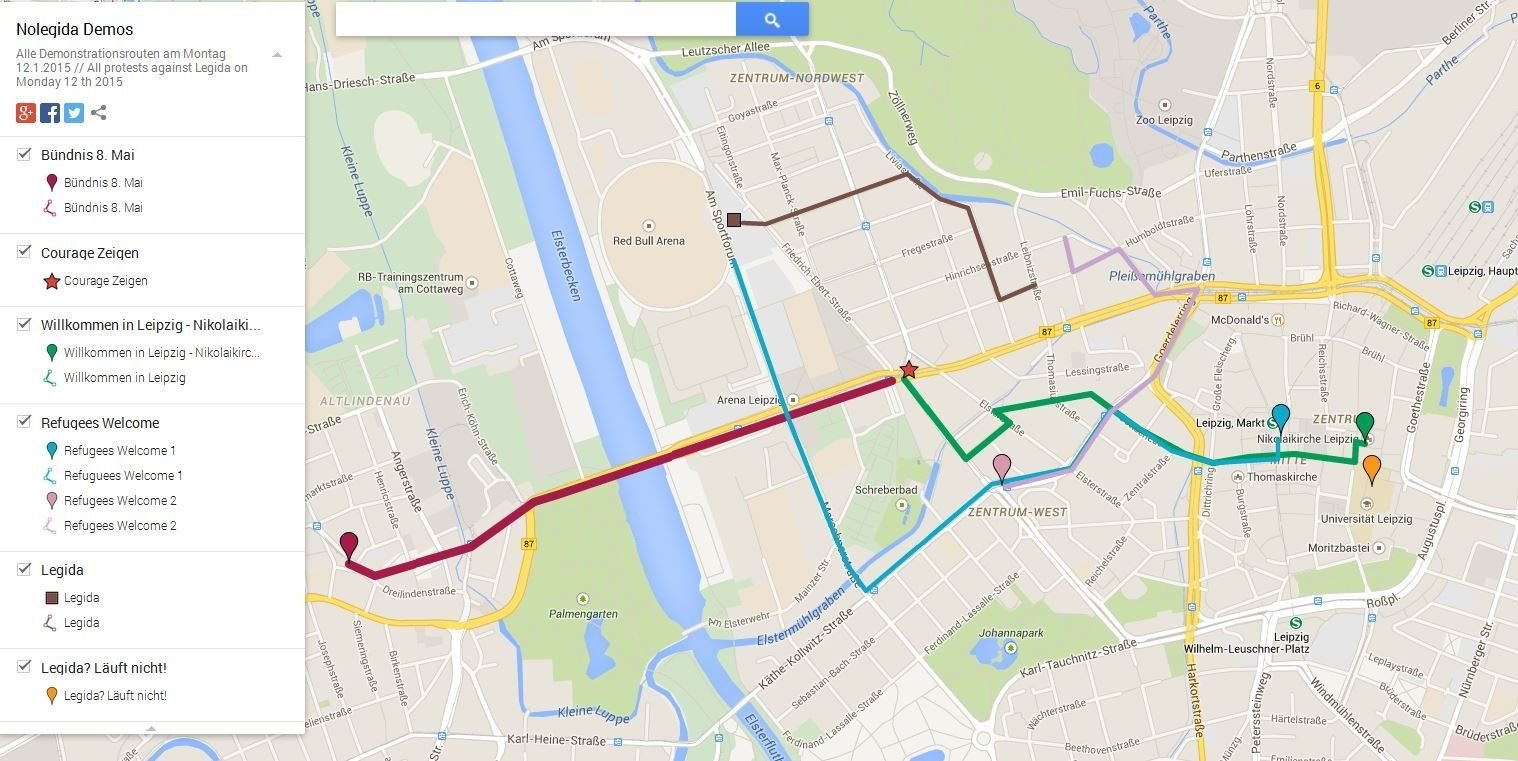 Die Routen der Demonstrationen die am Montag, den 12. Januar, im Leipziger Waldstraßenviertel und Zentrum stattfinden. Hier die Übersicht.