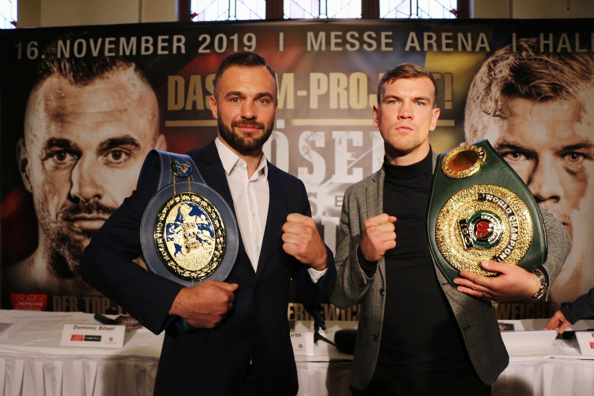 Dominic Bösel (l.) und Sven Fornling kämpfen am 16. November in Halle um die WM-Gürtel von IBO und WBA.