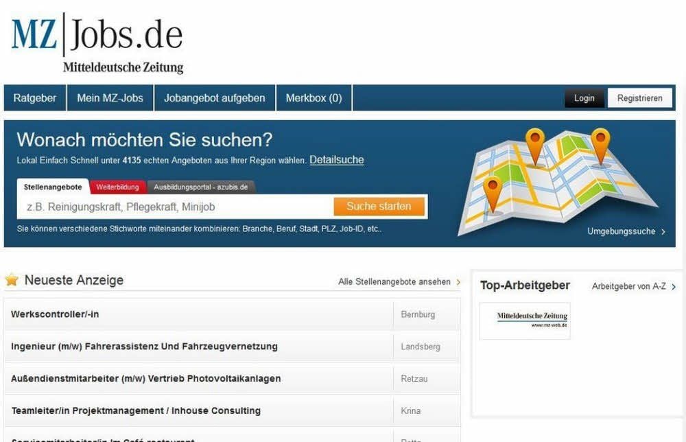 Die Internetseite von MZ-Jobs legt Wert auf Übersichtlichkeit.