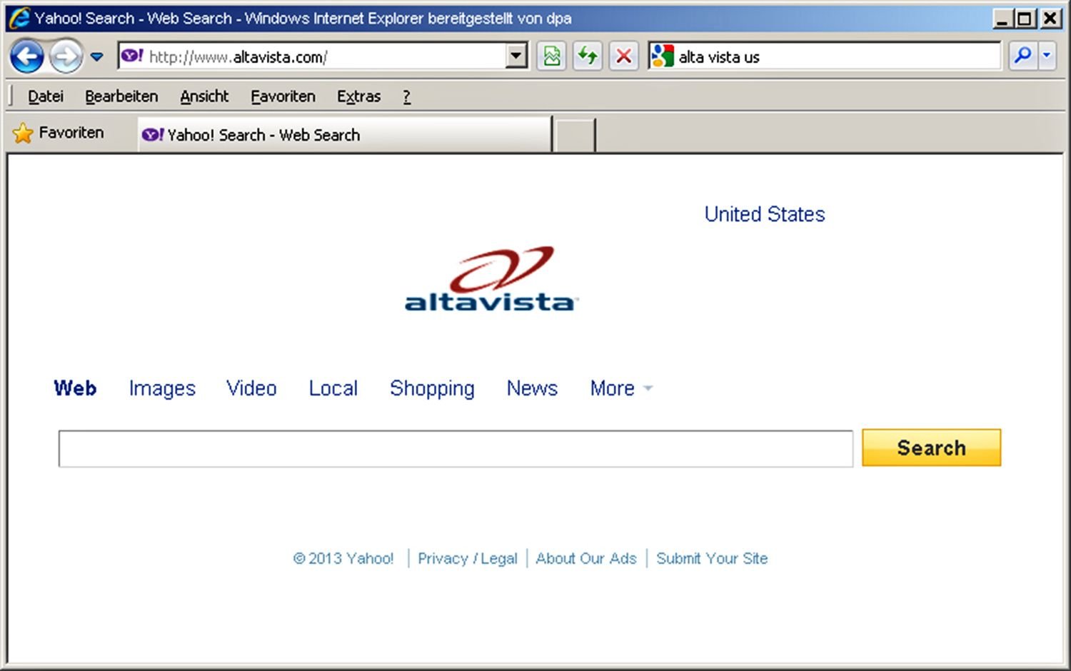 So sah Altavista zuletzt aus: Ein Screenshot der Suchmaschinenmaske kurz vor ihrer endgültigen Abschaltung im Juli 2013.