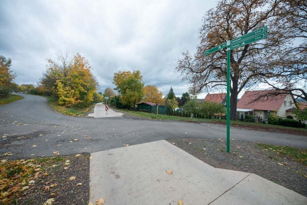 Der Radweg von Gernrode nach Ballenstedt trifft in Rieder auf eine Straße.