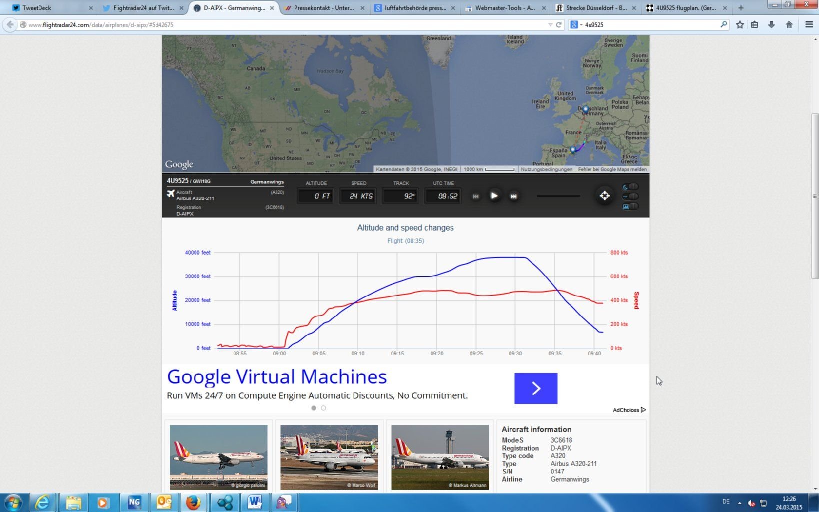 Die „Flight History“, wie sie bei www.flightradar24.com zu sehen ist.