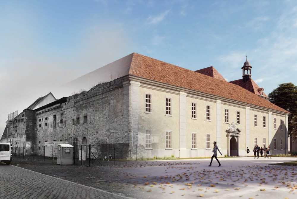 Die Simulation zeigt links den Nordflügel des Schlosses in Nienburg im Urzustand und rechts den Westflügel, wie er werden soll.