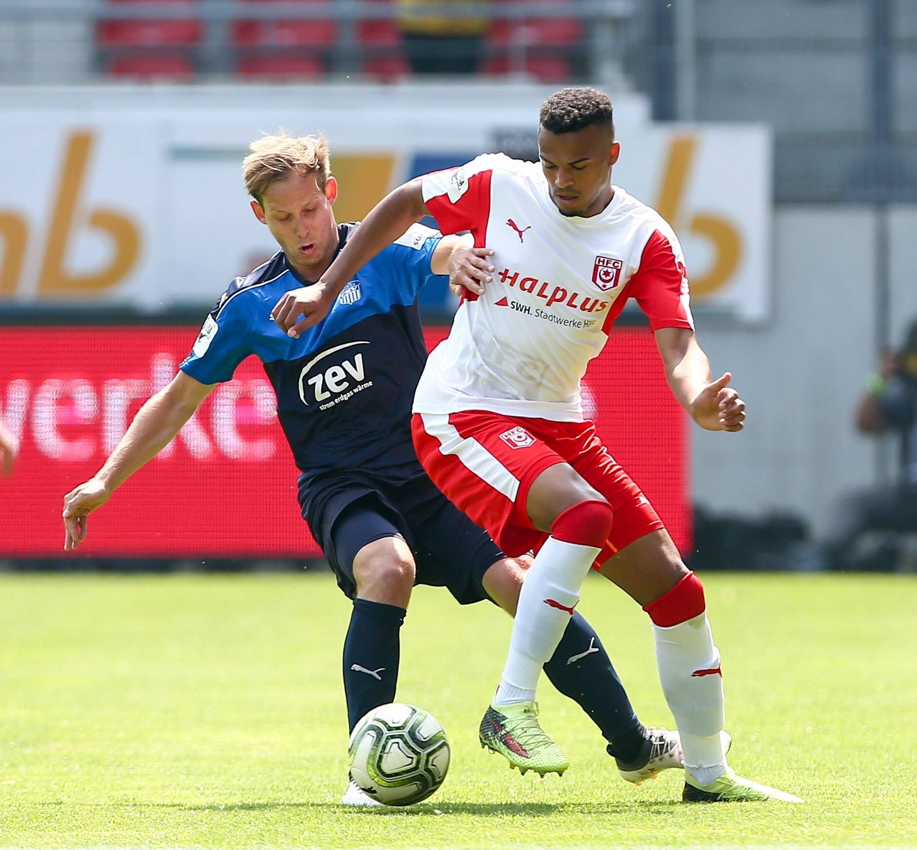 Halles Marvin Ajani im Duell mit Zwickaus Rene Lange.