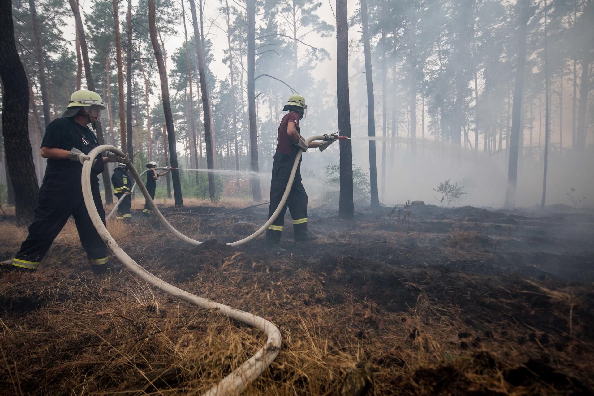 Einsatzkräfte der Feuerwehr kämpfen auch am Samstag gegen die Waldbrände.