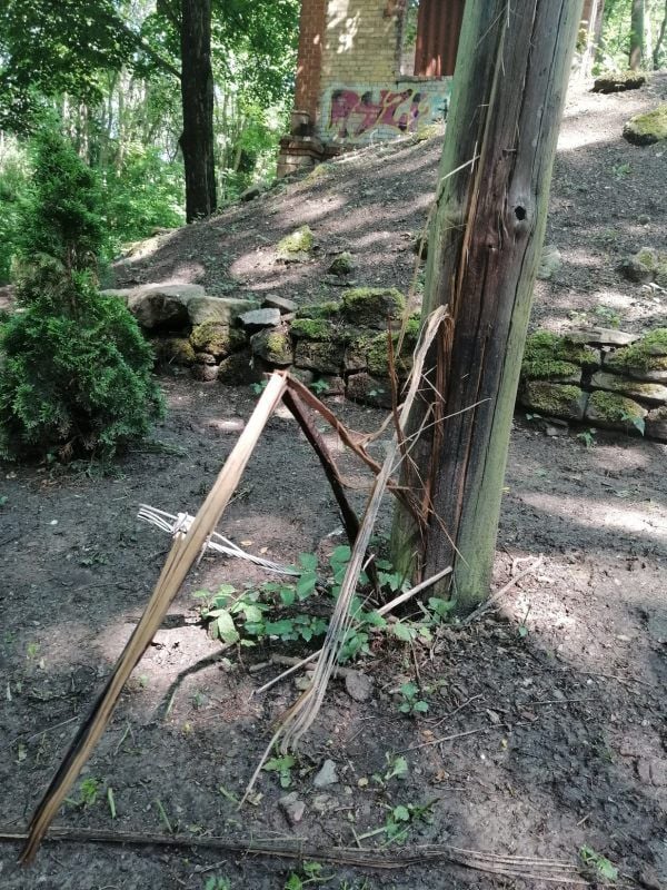 Der Blitz schlug in diesen Mast ein und sprengte Holz ab.