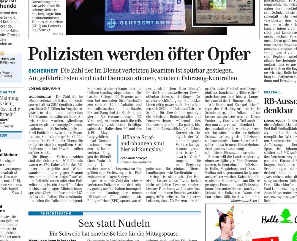 So berichtete die MZ am Freitag über Gewalt gegen Polizisten.