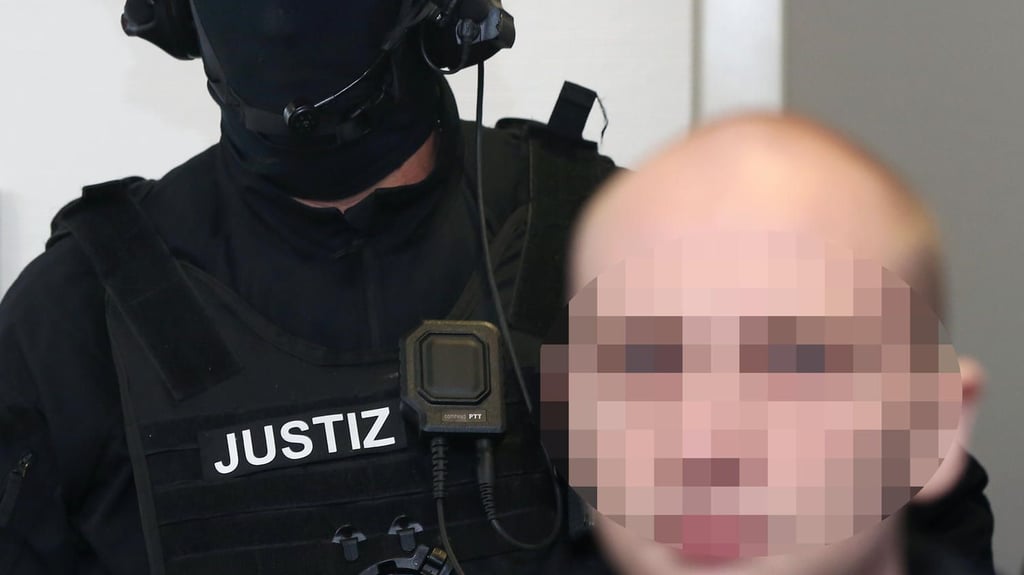 Der Angeklagte unter Bewachung.