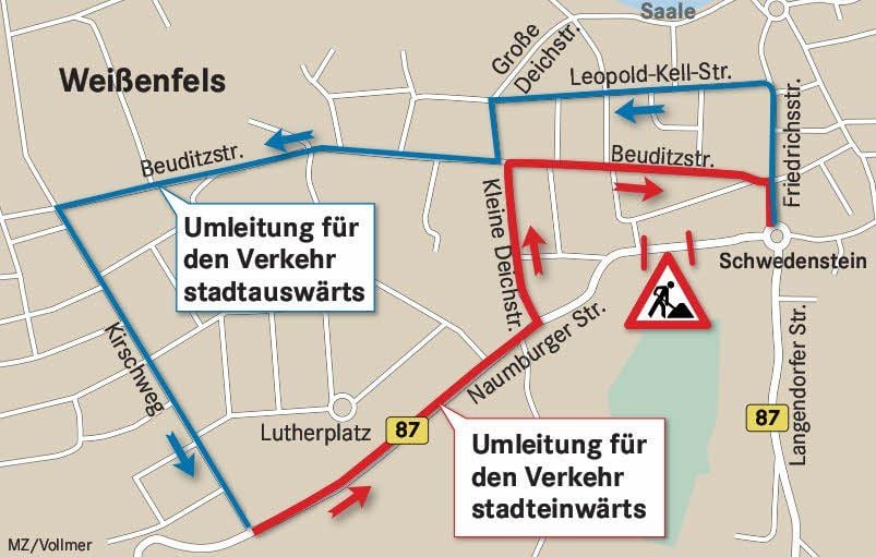 Wegen eines Hausabrisses wird die Naumburger Straße in Weißenfels ab 14. April zwischen der Einmündung der Rudolf-Götze-Straße und der Zufahrt zum „roten“ Netto-Markt gesperrt.