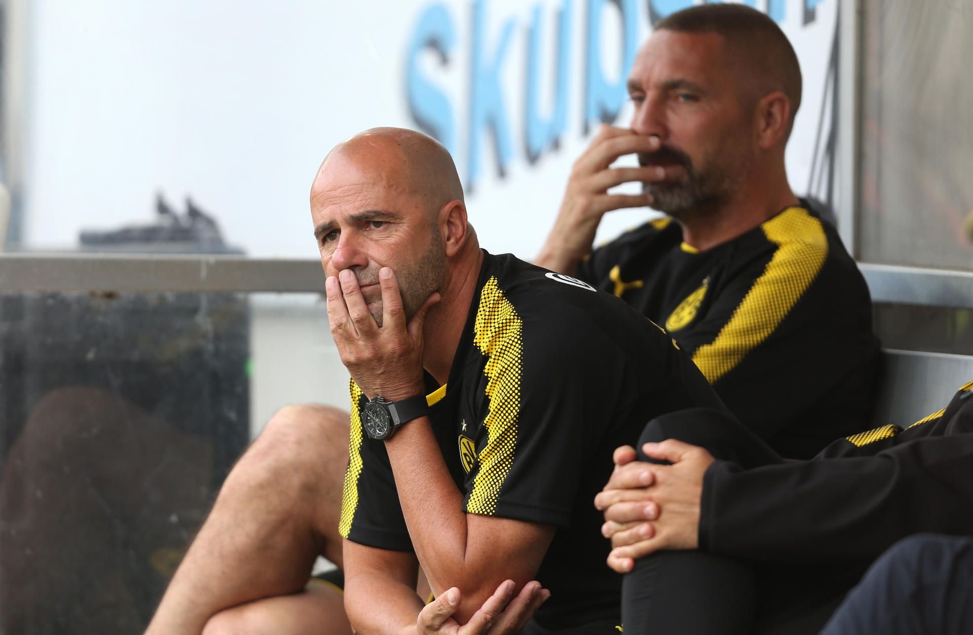 Trainer Peter Bosz (l) und sein Co-Trainer Hendrie Krüzen von Dortmund beobachten das Spiel.