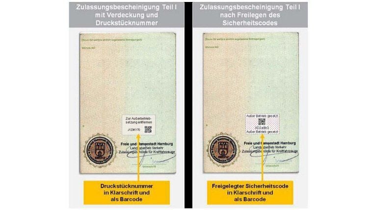Der Fahrzeugschein hat künftig ein Feld mit einer 7-stelligen Zahlenkombination und einem QR-Code.