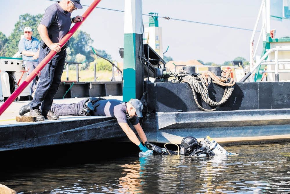 Jedes Fundstück könnte ein wichtiges Beweismittel sein: Polizeitaucher Eric Beutler sucht den Grund der Elbe ab bei Sandau im Landkreis Stendal ab. Dort war vor einer Woche ein Autowrack mit einem menschlichen Skelett entdeckt worden.