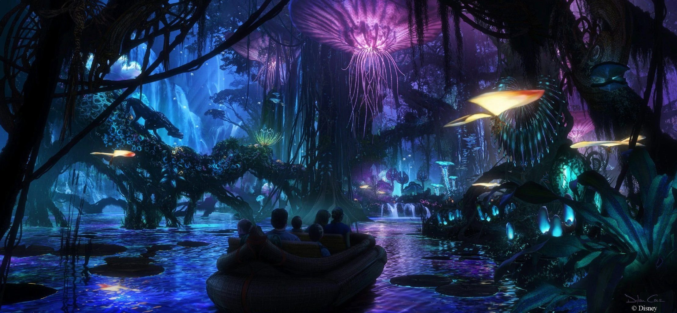 2017 soll der neue Themenpark fertig sein – und so könnte eine Bootsfahrt im „Avatar-Land“ aussehen. Disney lockt mit leuchtende Pflanzen, schwebende Bergen, und sogar dem Baum der Seelen.