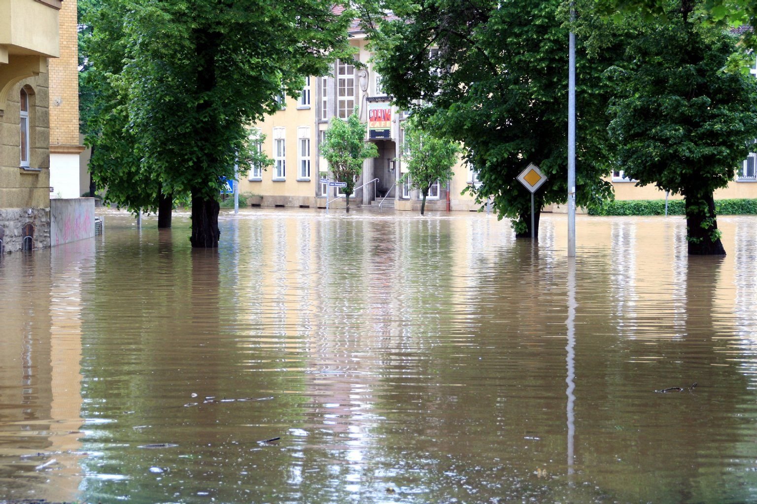 Hochwasser in Zeitz am 3. Juni 2013: Die Elster hat einen Stand von über 6,40 erreicht. Die Unterstadt ist überflutet. Hier ein Blick in die Freiligrathstraße. Die Brücken sind gesperrt.