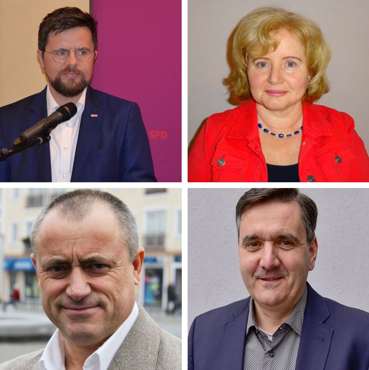 Die Kandidaten für die Landratswahl im Landkreis Harz, von rechts oben nach links unten: Maik Berger (Kandidat von SPD, Linken und Grünen), Annette Ivkin (AfD), Dieter Kühn (Freie Wähler) und Thomas Balcerowski (CDU)