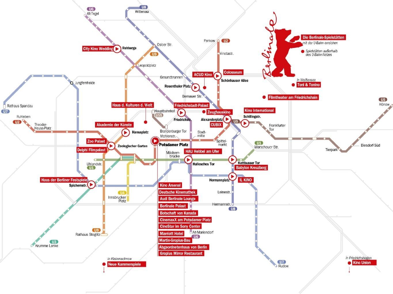 Die Spielstätten der Berlinale auf einen Blick sehen Sie auf dem U-Bahn-Fahrplan der Berliner Zeitung.