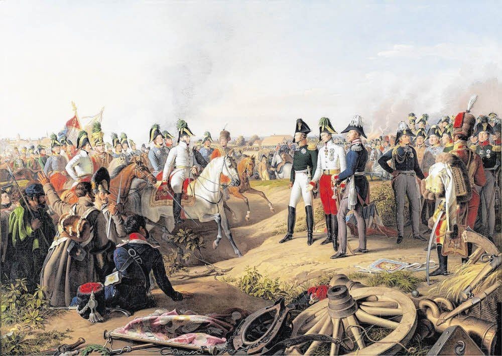 Ein Moment, den es so nie gab Zar Alexander I. von Russland, Kaiser Franz I. von Österreich und König Friedrich Wilhelm III. von Preußen (Mitte, von links) nehmen die Siegesmeldung über Napoleon entgegen. Tatsächlich hatte sich der österreichische Kaiser schon in sein Quartier auf Schloss Rötha zurückgezogen.