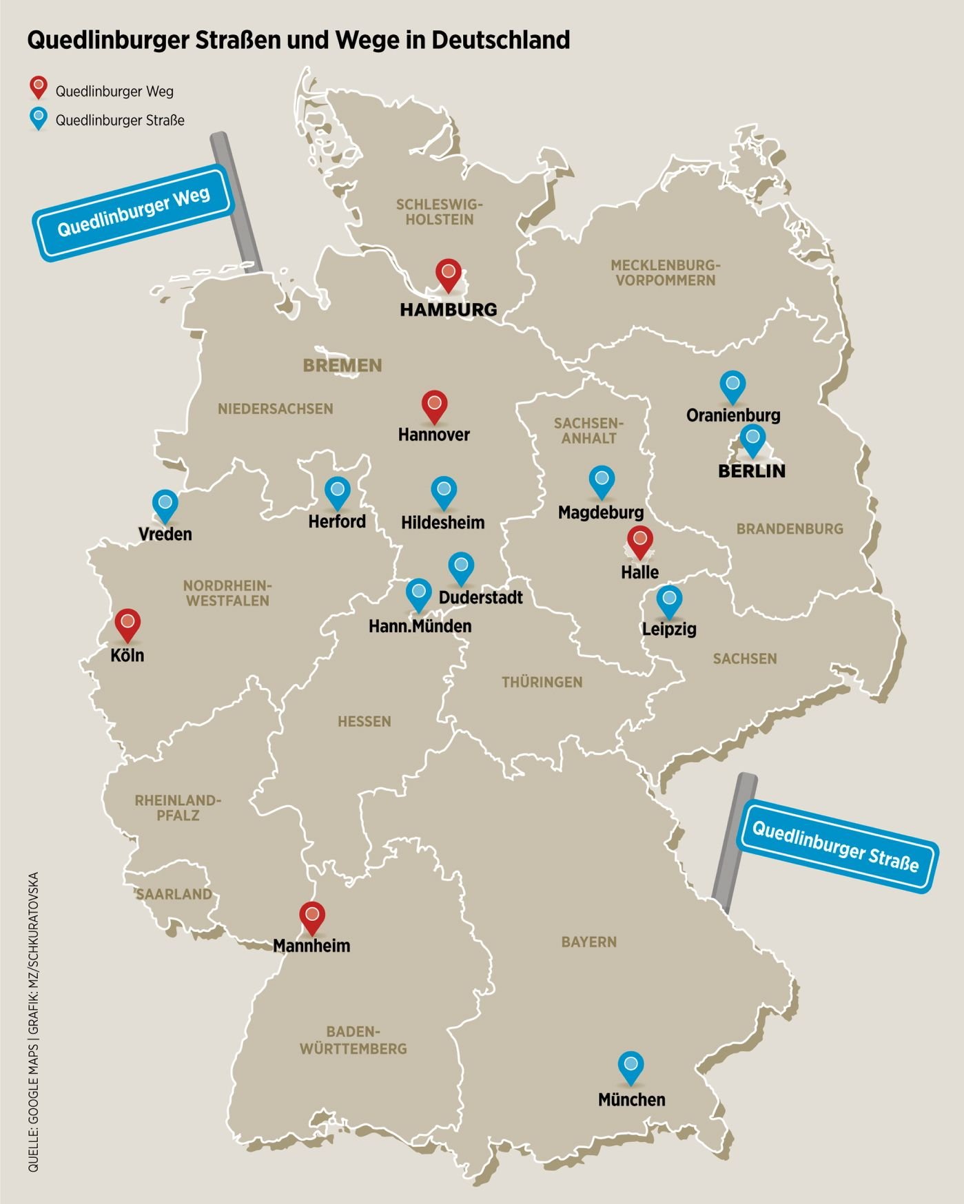 Die markierten Orte auf der Deutschlandkarte zeigen, wo sich Straßen und Wege befinden, die nach Quedlinburg benannt wurden.