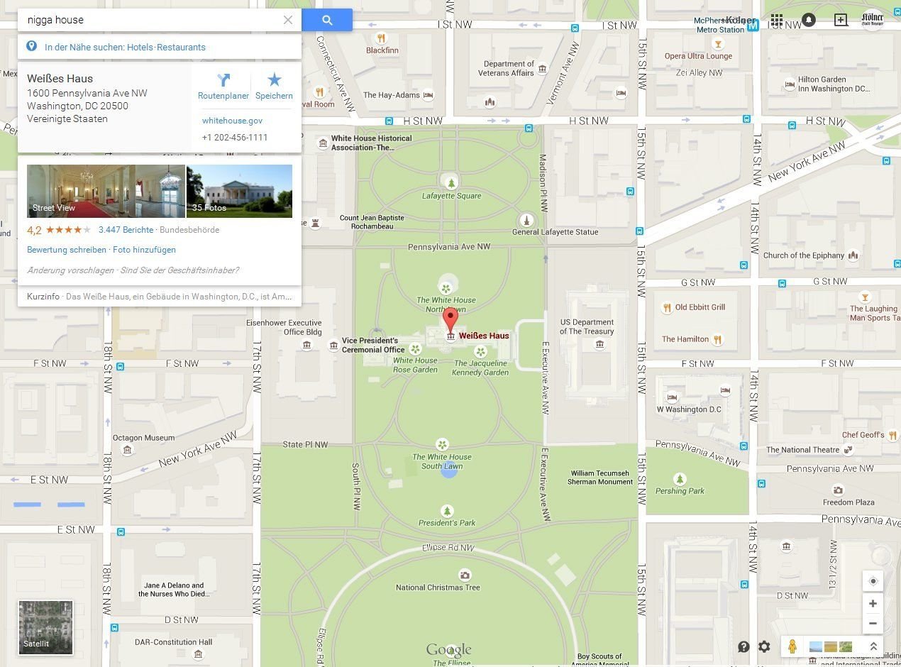 Fehler bei Google Maps: Die Eingabe rassistischer Begriffe führt den Benutzer zum Weißen Haus nach Washington.