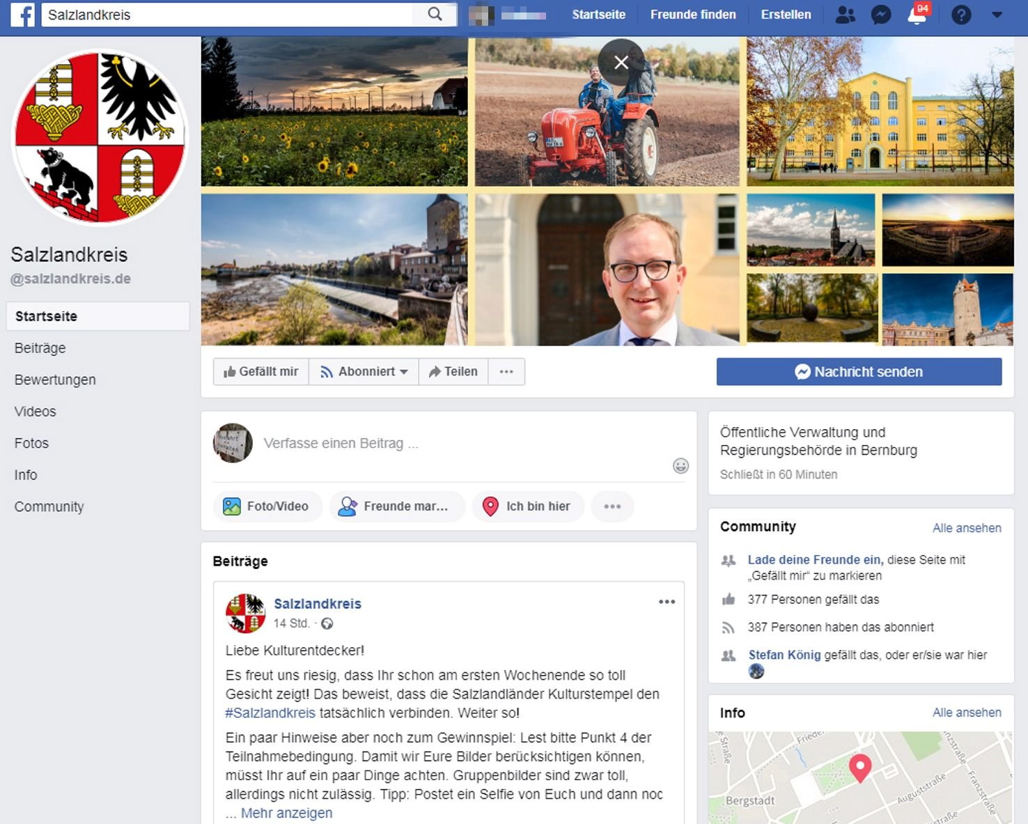Seit dem 10. Juni 2019 besitzt die Verwaltung des Salzlandkreises eine Seite bei Facebook.