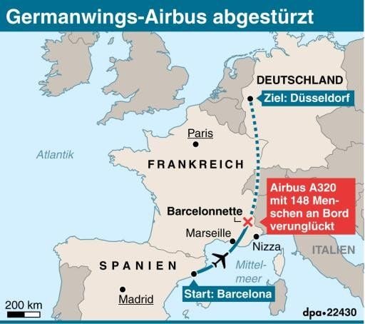 Karte zum Absturz eines Germanwings-Airbus A320 in Frankreich