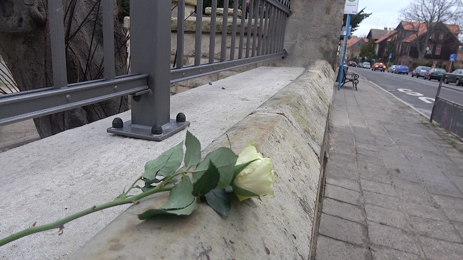 Eine Frau hat am Freitagmorgen am Tatort in der Herzogstraße in Blankenburg (Harz) eine weiße Rose abgelegt.