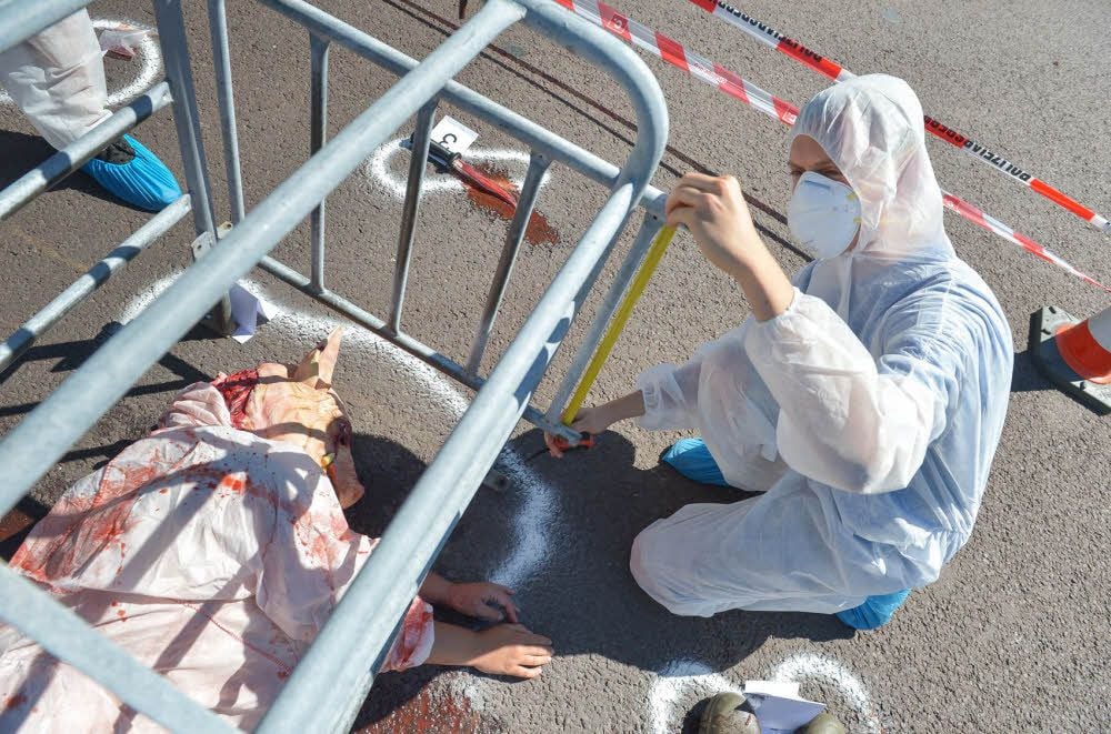 Eine der Aktivistinnen liegt als Schwein verkleidet in einem Kastenstand auf der Straße, ein anderer sichert die „Beweise“.