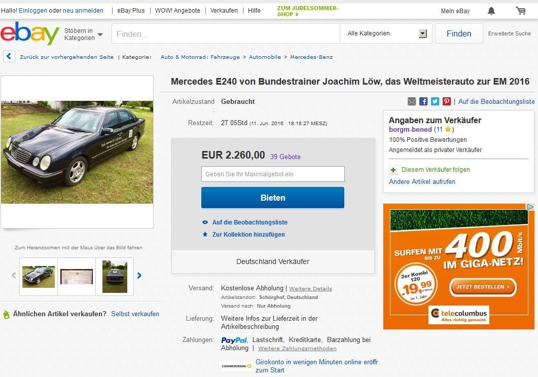 Löws alter Mercedes: Das Angebot bei Ebay läuft noch bis Samstagabend.
