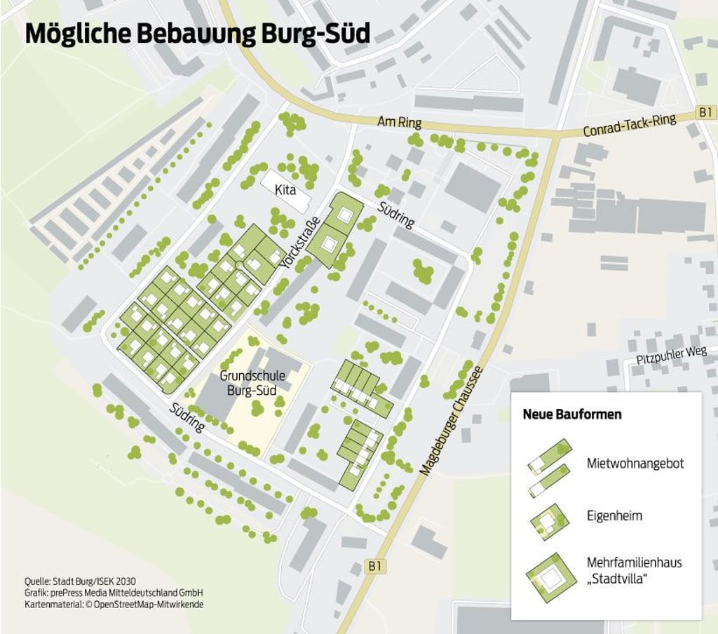 Die Grafik zeigt eine mögliche Bebauung des Stadtteils Burg-Süd.