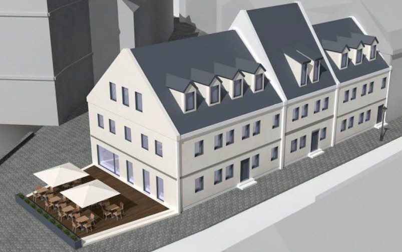 Diese Grafik zeigt ein Modell mit einem dritten, links angebauten Haus in der Breiten Straße in Bernburg. Das ist nicht mehr geplant, eine Außenterrasse aber sehr wohl.