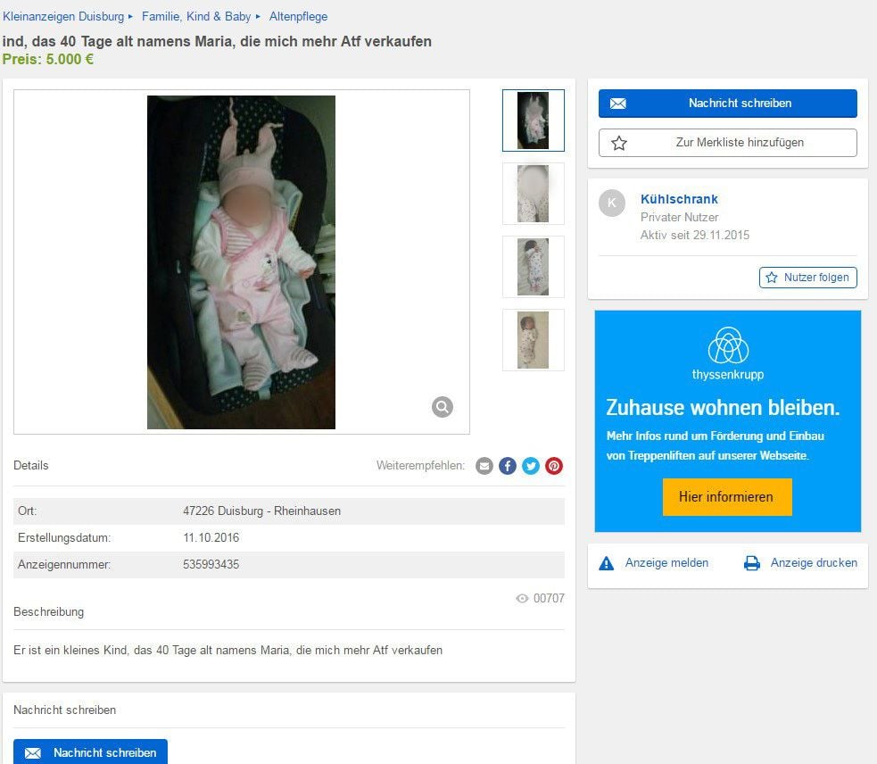 Dieses Baby wurde zum Kauf angeboten.