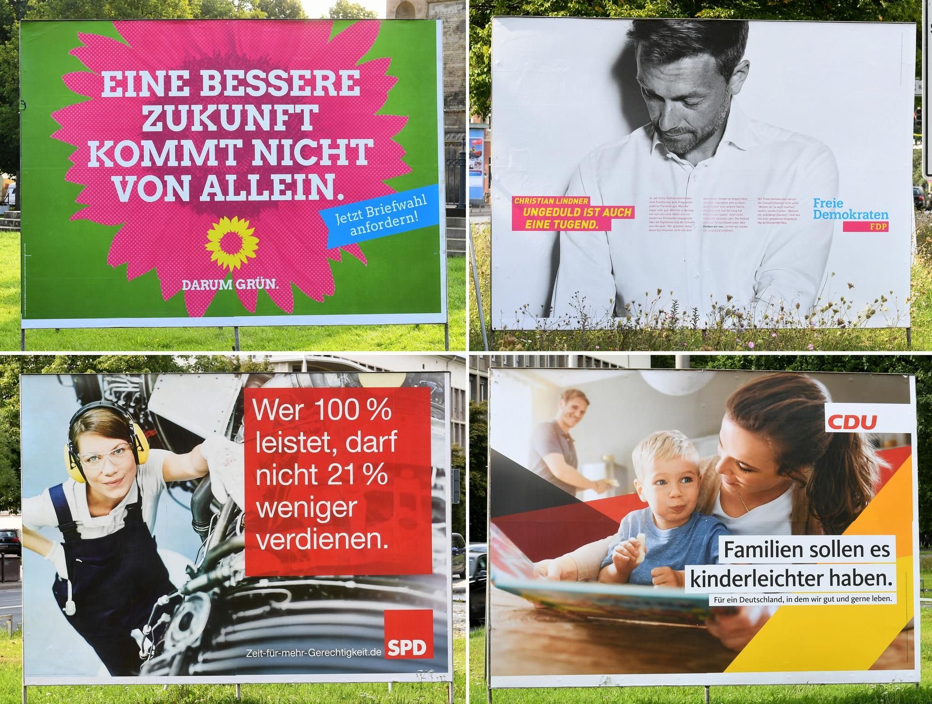 Großplakate der Parteien von Bündnis90/Die Grünen, der FDP, der CDU und der SPD
