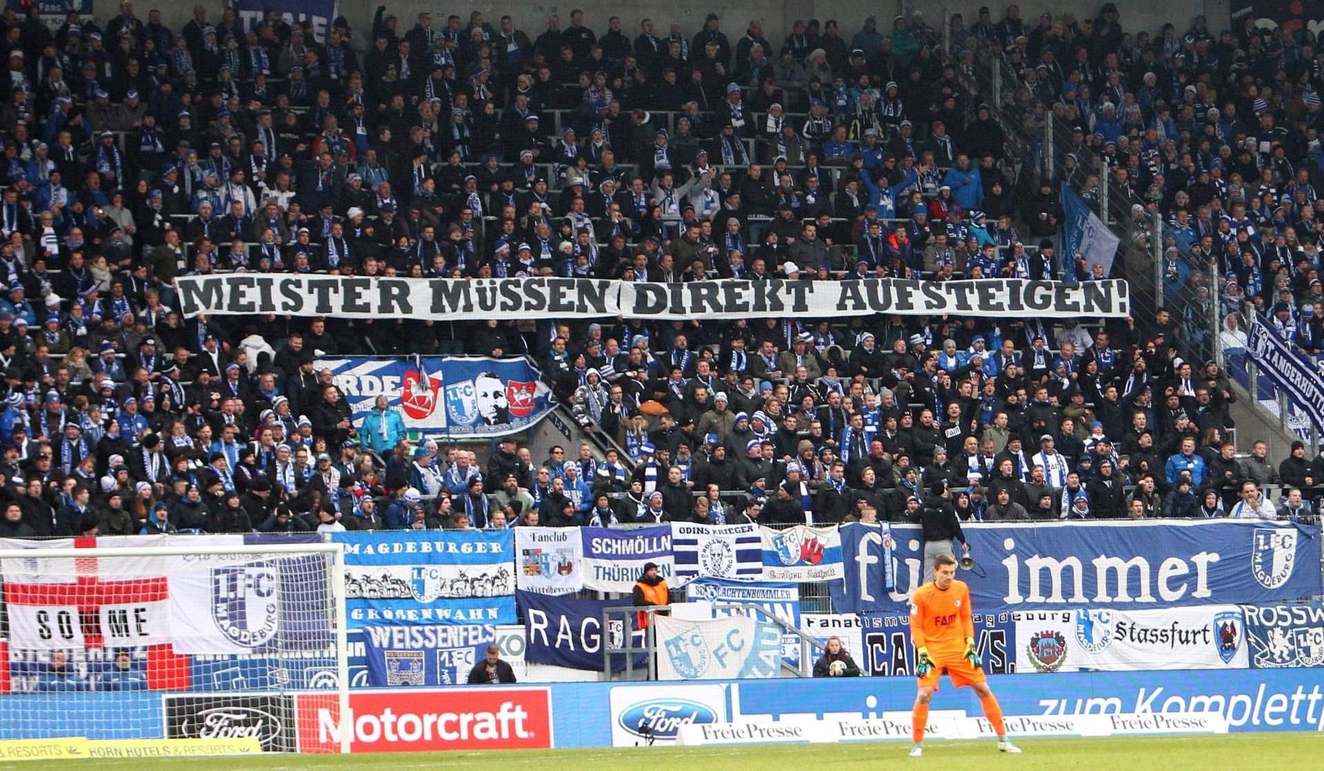 Dass die Meister der Regionalligen direkt in die 3. Liga aufsteigen müssen, fordern nicht nur die Fans des 1. FC Magdeburg.