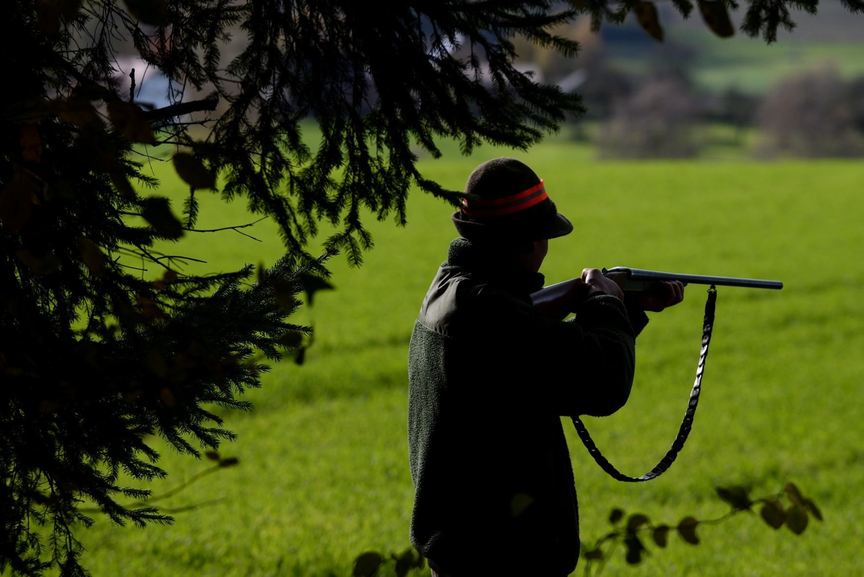 Ein Jäger steht während einer Treibjagd mit seinem Gewehr schussbereit am Waldrand.