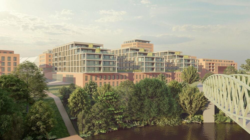 Drei Mehrfamilienhäuser sind zur Saale ausgerichtet. Das Quartier könnte auch einen eigenen Bootsanleger bekommen.