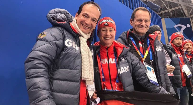 Sachsen-Anhalts LSB-Chef Andreas Silbersack mit Eisschnellläuferin Claudia Pechstein und DOSB-Chef Alfons Hörmann (v.l.) in Pyeongchang