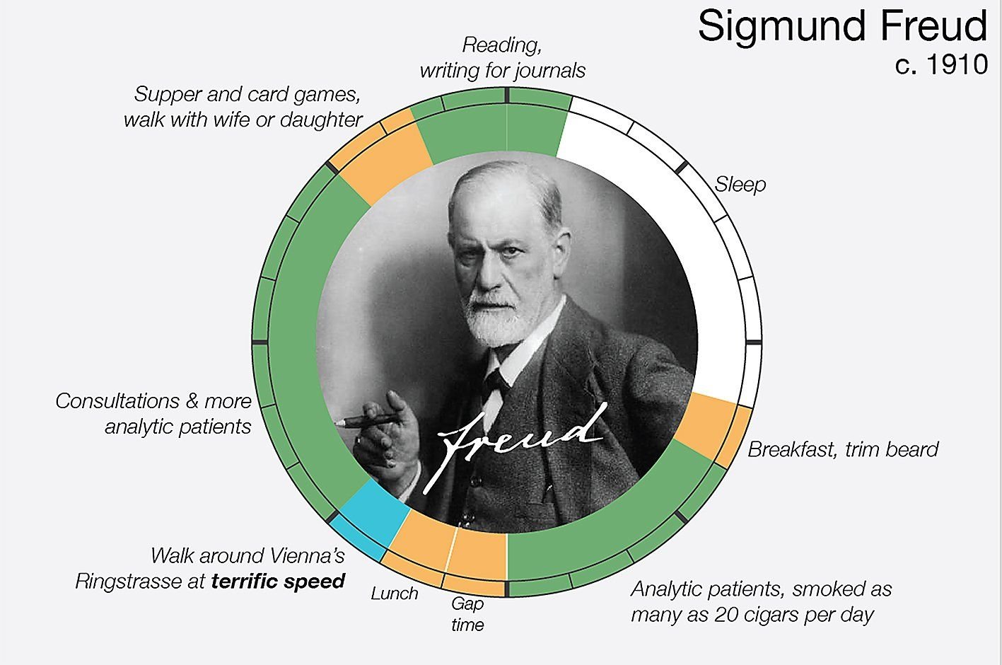 Sechs Stunden Schlaf, zwanzig Zigaretten und ein rasend schneller Spaziergang durch Wien gehörten zur täglichen Routine von Psychoanalytiker Sigmund Freud.